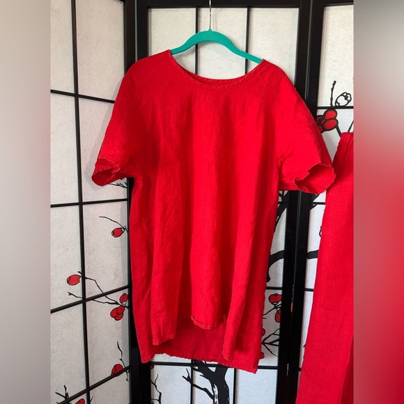 FLAX Linen S/M Petite 2 Piece High Low 100% Linen Red Boho Lightweight Outfit - Picture 3 of 9